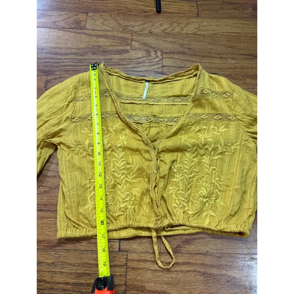 Free People Yellow Embroidered Crochet Lace Crop Top Blouse Mustard Womens Small